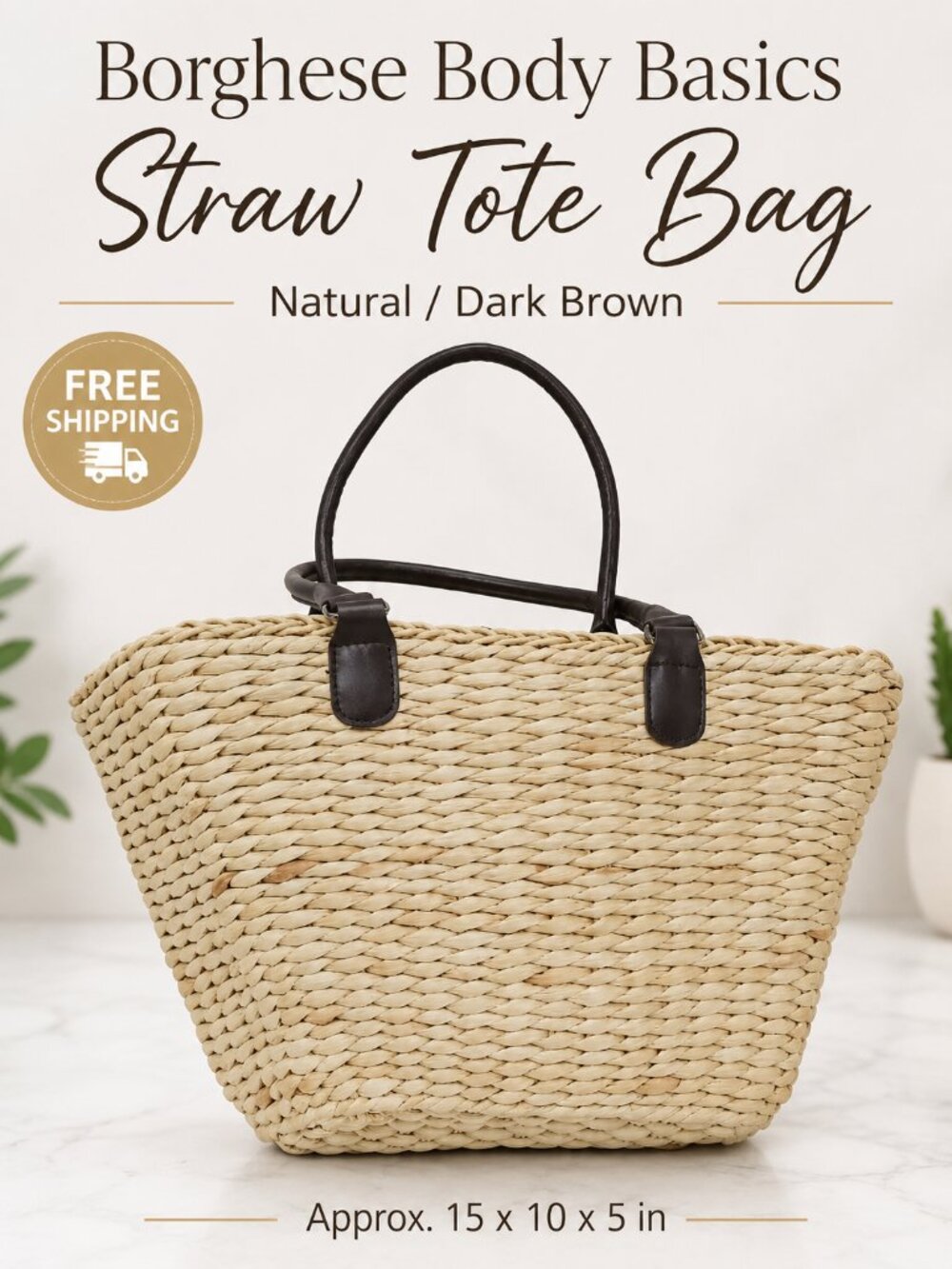 Borghese Body Basics Straw Tote Bag Natural Brown Beach Shoulder Bag NWT